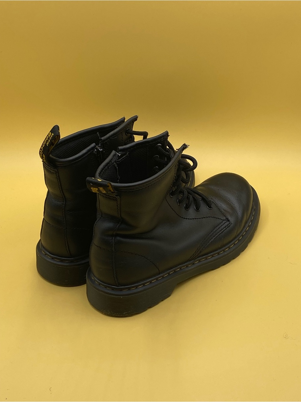 Dr. Martens Black Leather Lace-Up Combat Boots with Yellow Stitching Tag - Picture 4 of 4